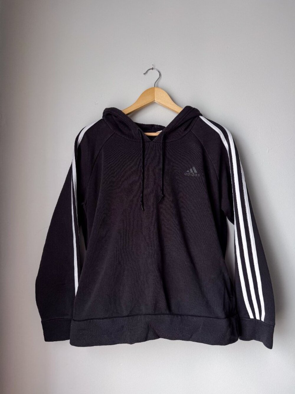 Adidas Essentials 3-Stripe Pullover Hoodie Black White Womens Medium